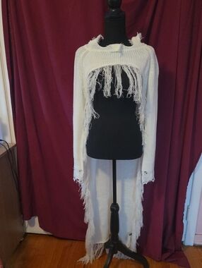 Fringed Longline Open-Knit Sweater - White